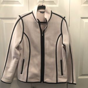Eddie Bauer fleece jacket, soft pink with black piping. Size Large